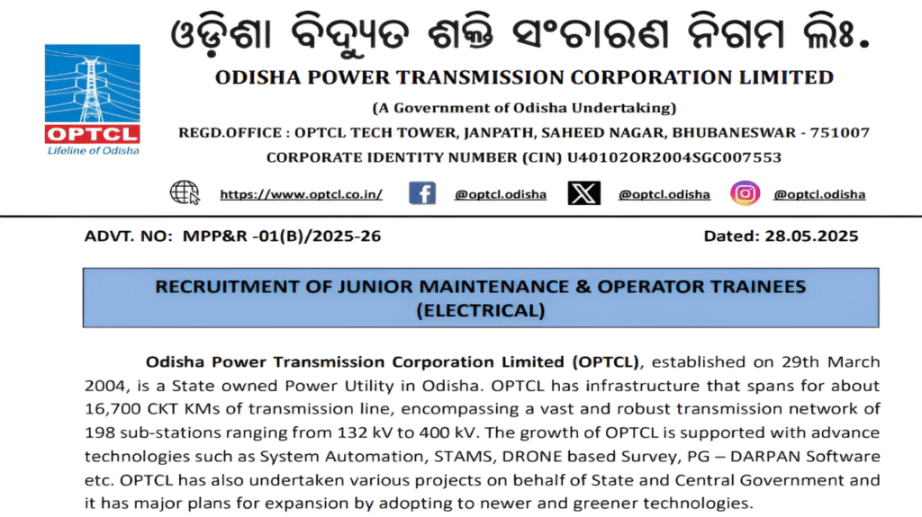 OPTCL Junior Maintenance 100 Vacancy 2025